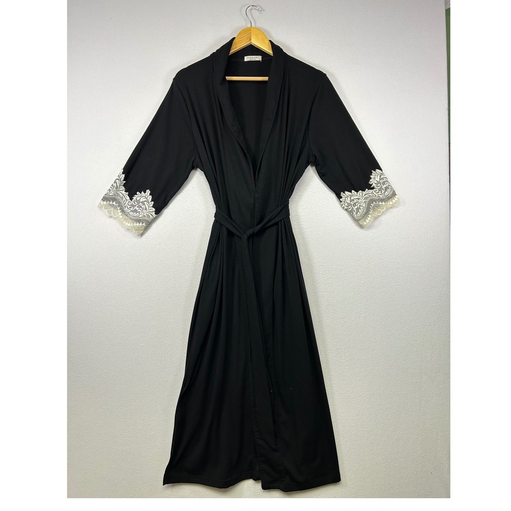 Coquette Romantic Ekouaer Womens M Black Lace Trim 3/4 Sleeve Belted Long Robe